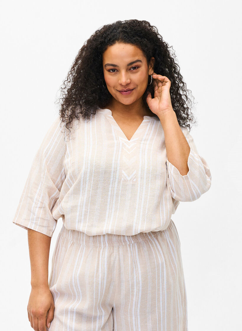 Stripete bluse i lin- og viskoseblandet kvalitet, Beige, Model image number 0