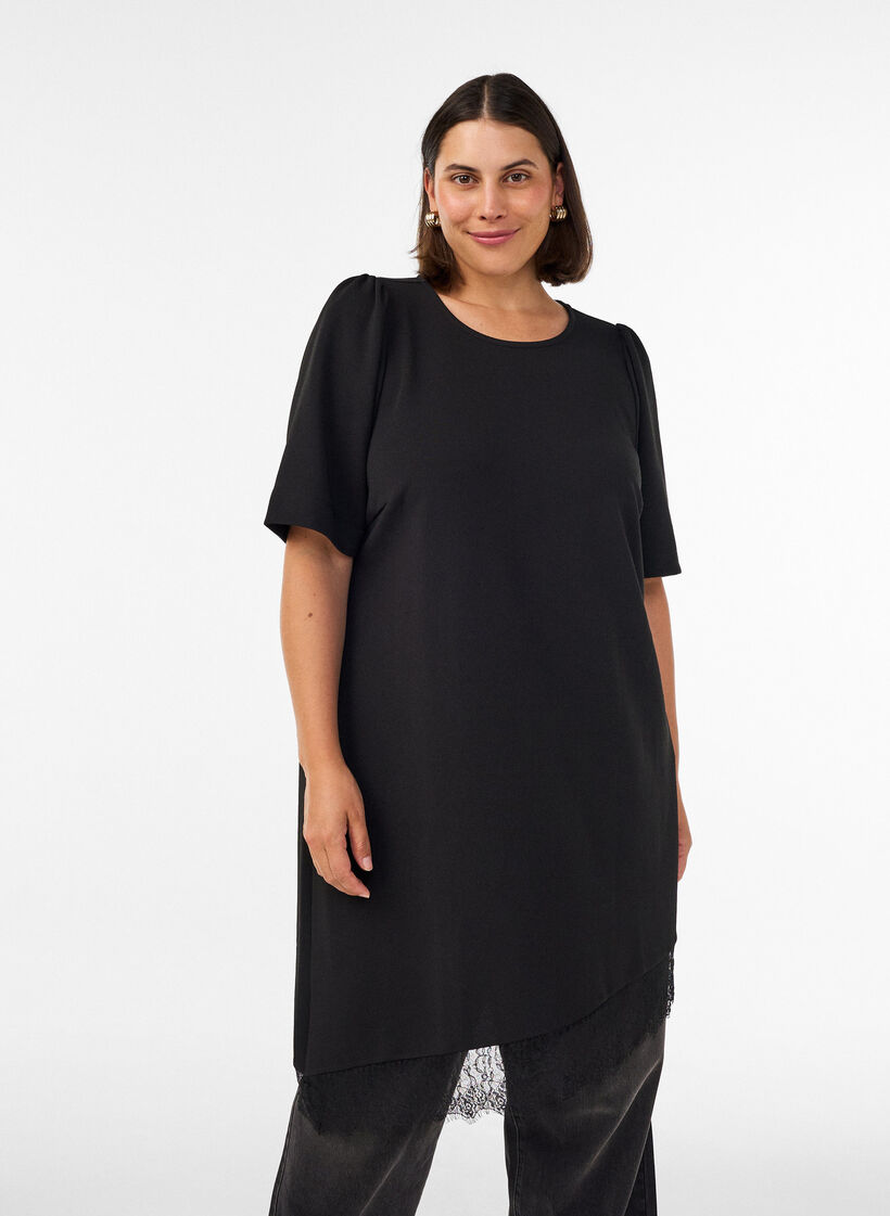 Tunika med asymmetrisk blondedetalj, Svart, Model image number 0