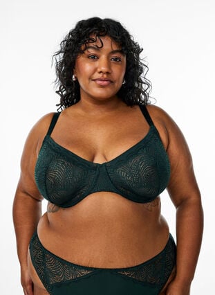 Zizzi Heldekkende BH med bøyle og blonder, Scarab, Model image number 0