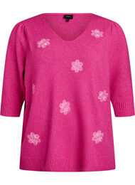 Strikket bluse med broderte blomster, R. Rose Mel. Comb