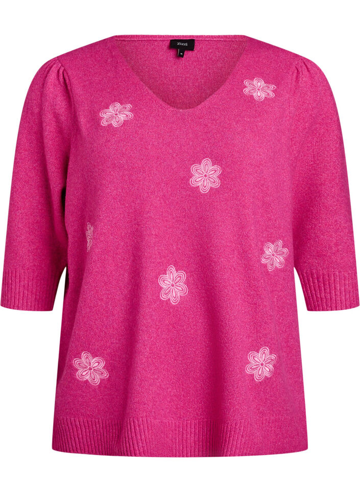 Strikket bluse med broderte blomster, R. Rose Mel. Comb, Packshot image number 0