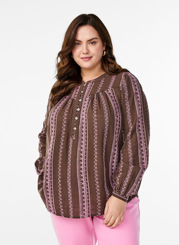 Zizzi Bluse med brodert mønster, Brun, Model image number 0