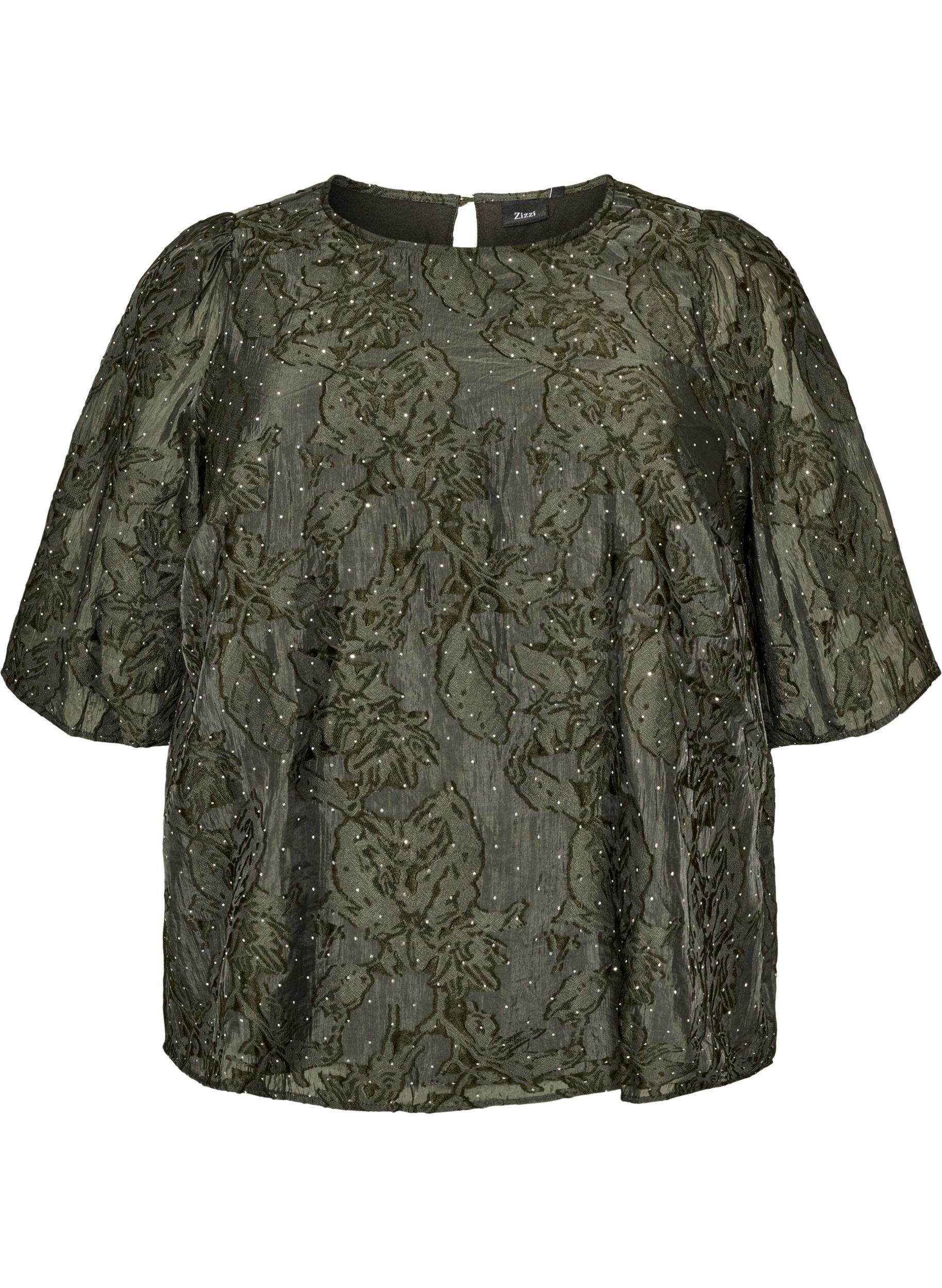 ZizziJacquard bluse med glitrende detaljer og puffede ermer, Gr&oslash;nn, Packshot image number 0