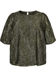 Jacquard bluse med glitrende detaljer og puffede ermer, Gr&oslash;nn