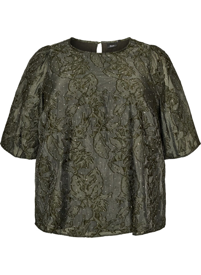 Jacquard bluse med glitrende detaljer og puffede ermer, Gr&oslash;nn, Packshot image number 0