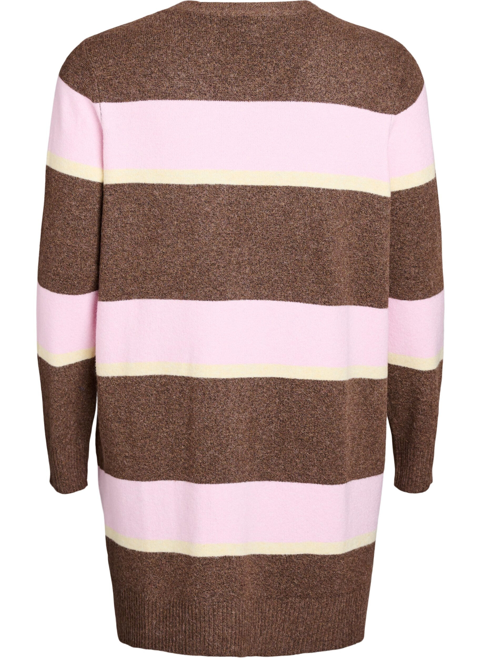 Zizzi Lang strikkecardigan med brede striper, Brun, Packshot image number 1