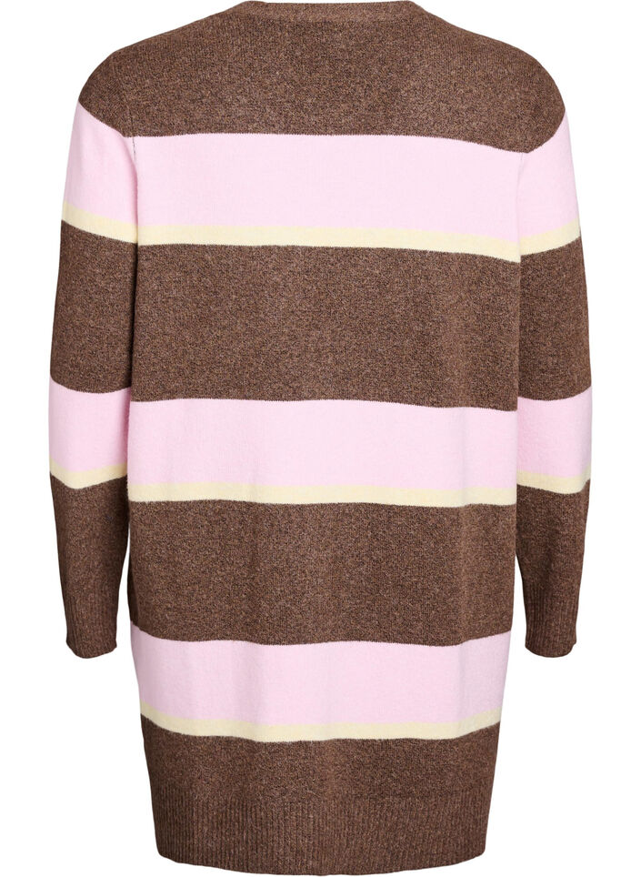 Lang strikkecardigan med brede striper, Brun, Packshot image number 1