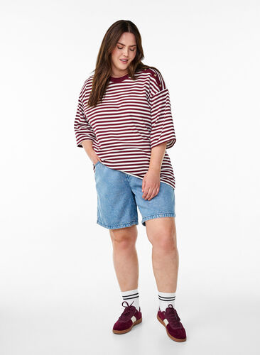 Zizzi Stripete bluse med 3/4-ermer og knappedetaljer, Rød, Model image number 1