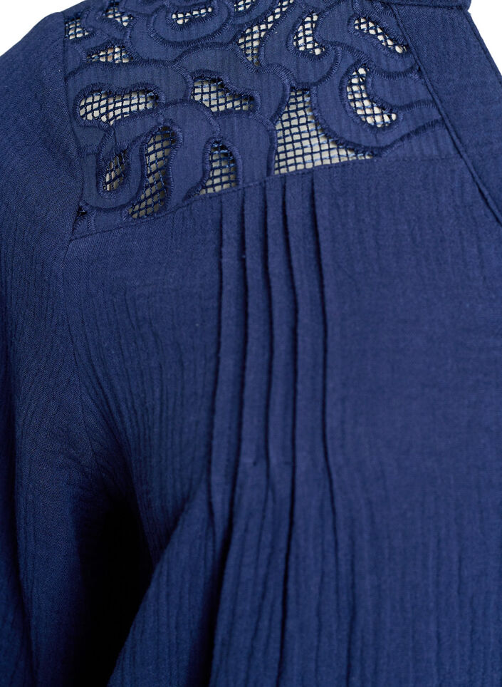 Bluse i bomullsmusselin med broderte detaljer, Bl&aring;, Packshot image number 3
