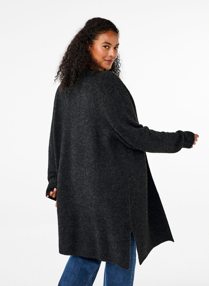 FLASH - Ribbestrikket cardigan med splitter, Dark Grey Melange, Model image number 1