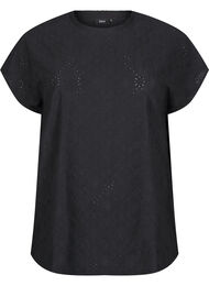 Bluse med korte ermer og blomsterbroderi, Black