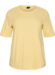 Ribbestrikket jerseybluse med korte ermer, Gul