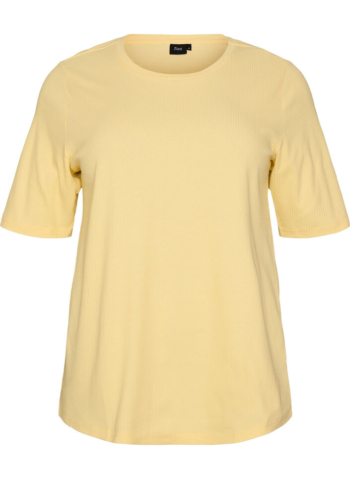 Ribbestrikket jerseybluse med korte ermer, Gul, Packshot image number 0