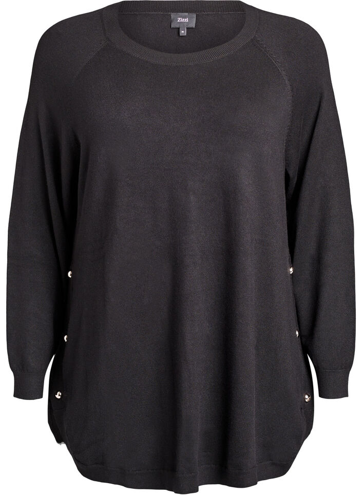 Strikkebluse med knapper i sidene, Svart, Packshot image number 0