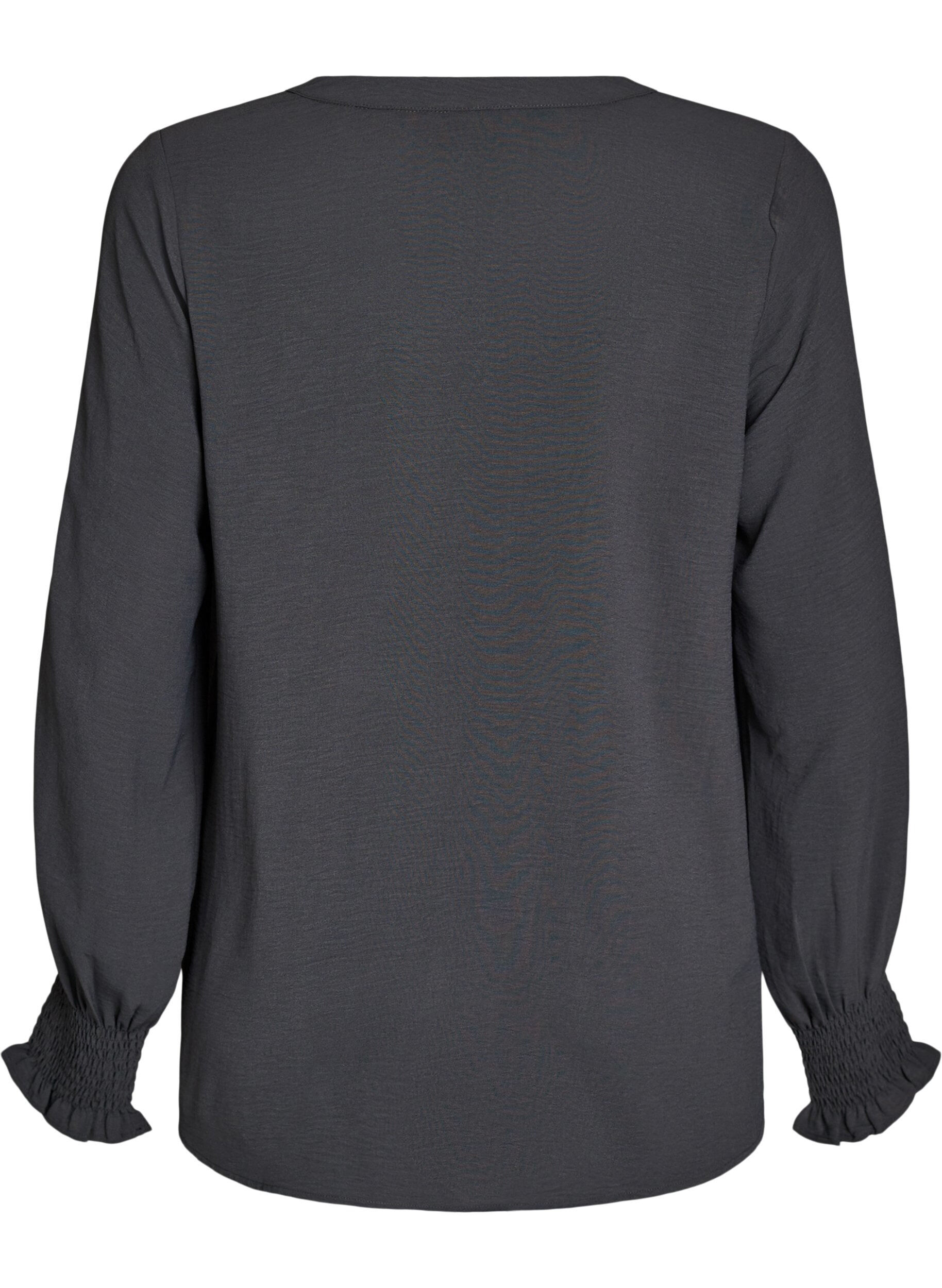 ZizziBluse med smockmansjetter og V-hals, Gr&aring;, Packshot image number 1