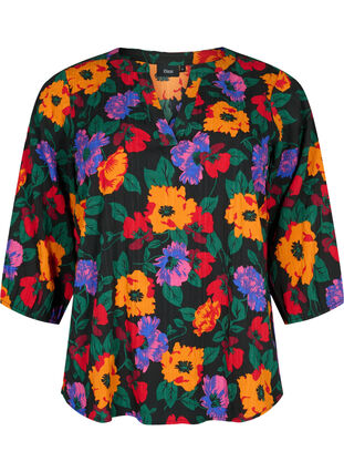 Blomstrete bluse med 3/4-ermer, Multi Flower AOP, Packshot image number 0