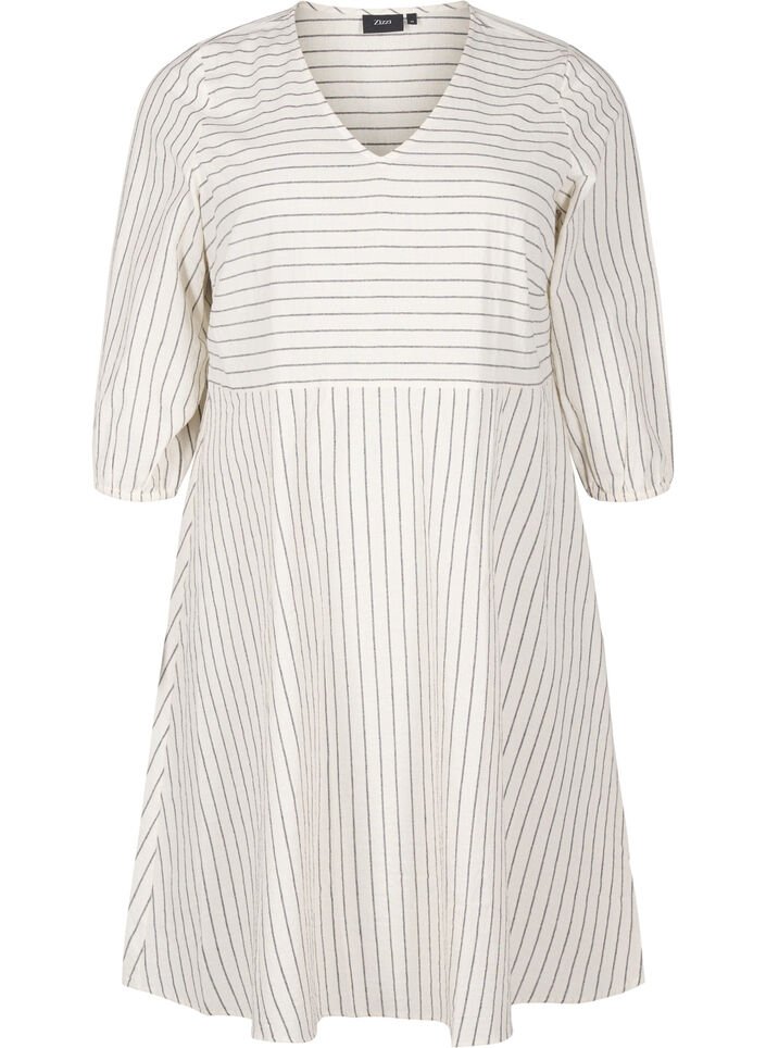 Knelang kjole med striper og 3/4 ermer, Vanilje, Packshot image number 0