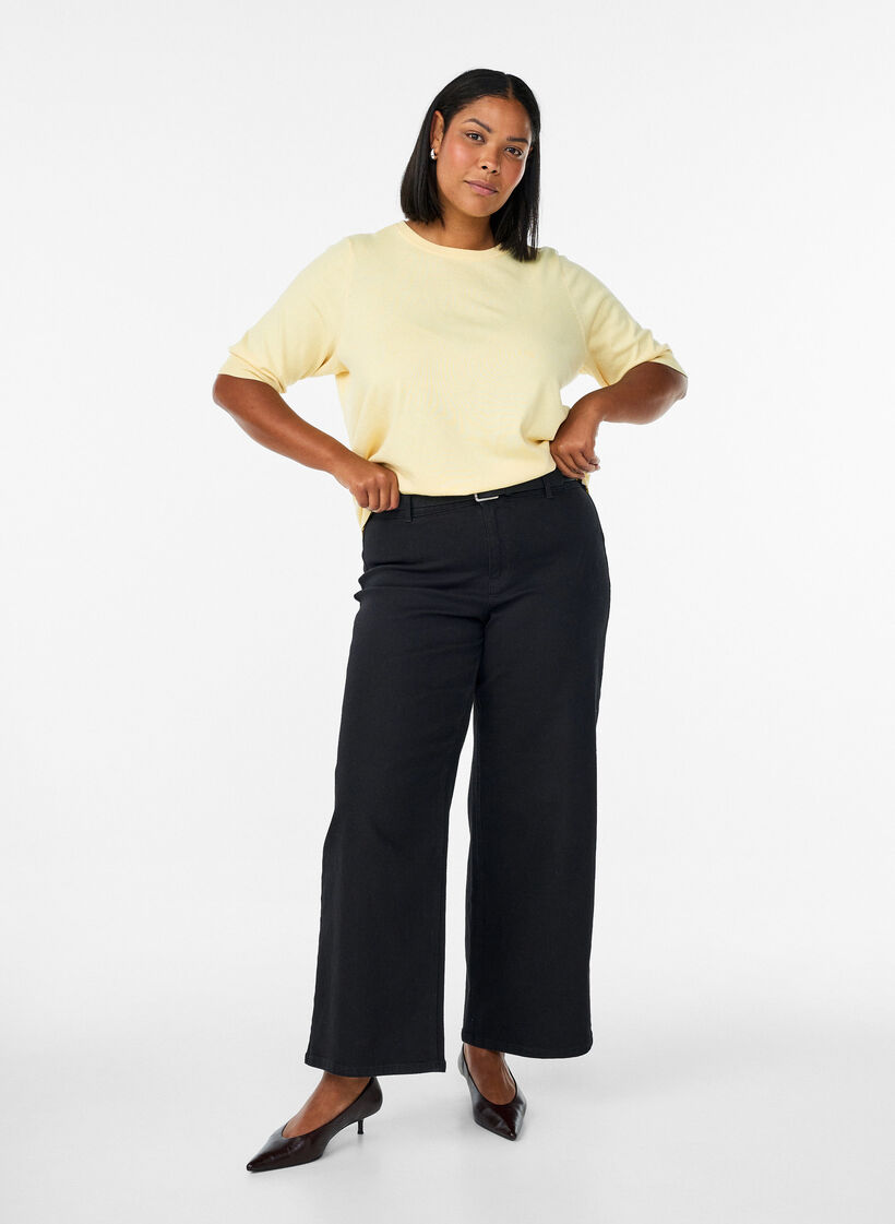 Finstrikket bluse med korte ermer, Gul, Model image number 1
