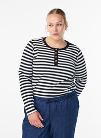 Stripete jerseybluse med ribbet tekstur, Svart Stripete jerseybluse med ribbet tekstur, Svart, Model
