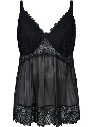 Kort nattkjole med mesh og blonder, Black, Packshot image number 0