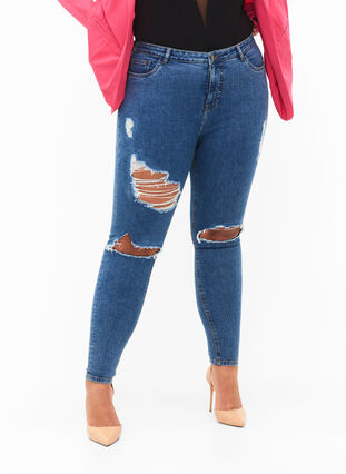 Tettsittende jeans med detaljer, Blue denim, Model image number 2