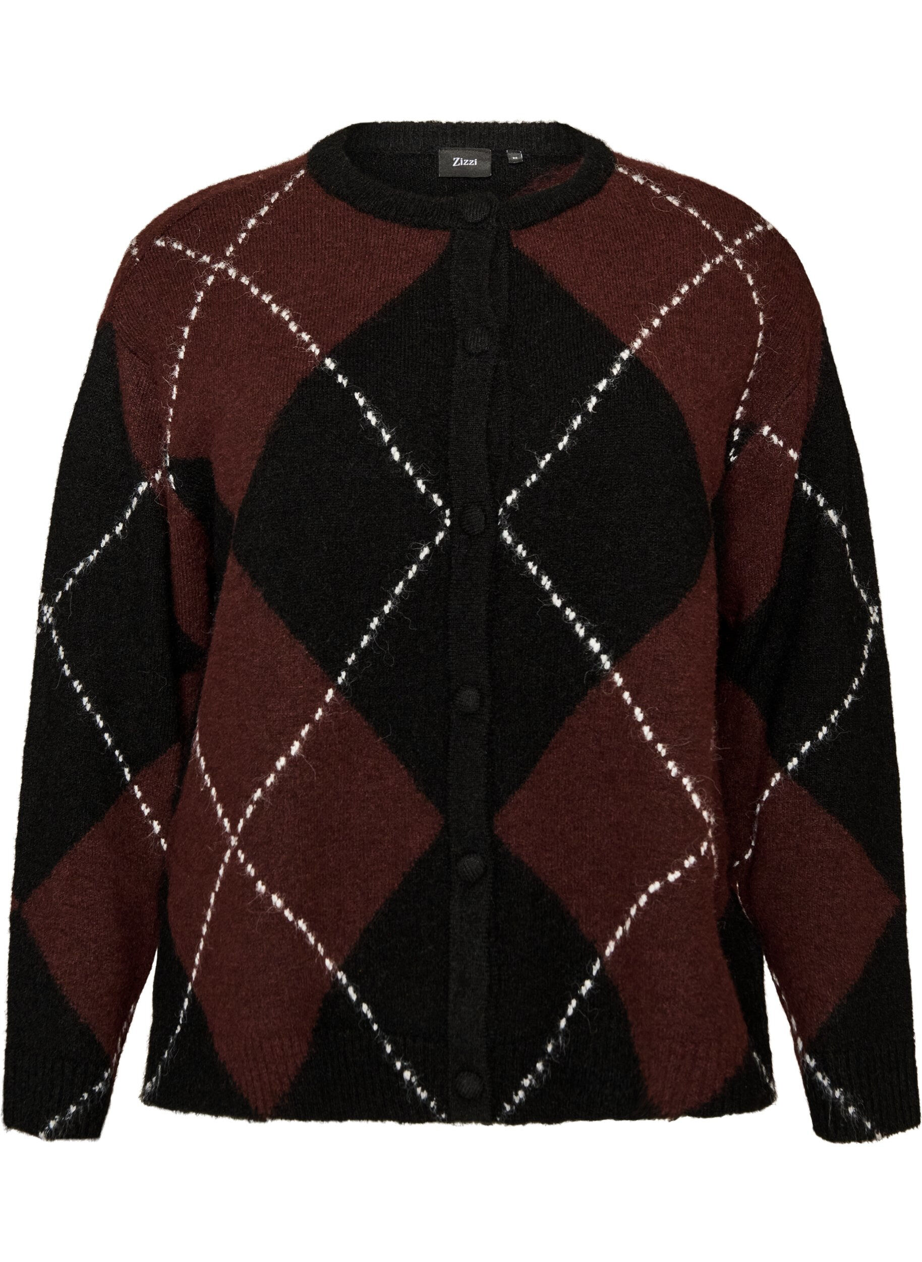 ZizziCardigan med argyle-m&oslash;nster, Svart, Packshot image number 0