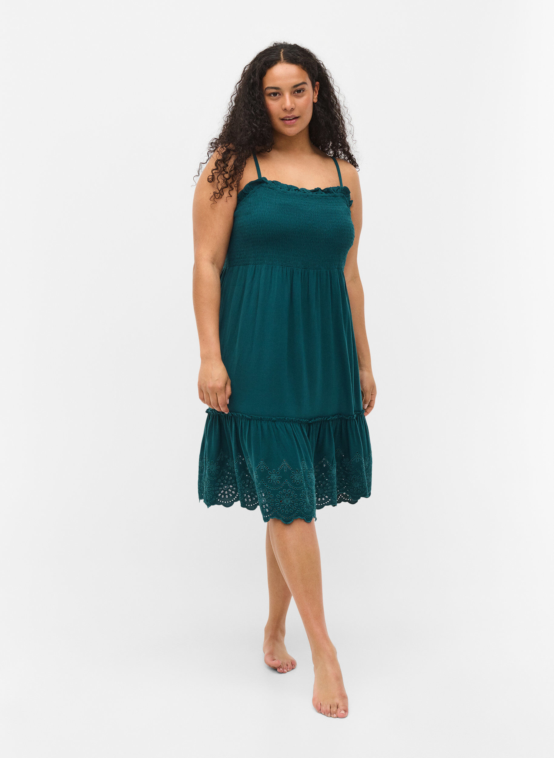 Zizzi Strandkjole i viskose med smock og broderi anglaise, Deep Teal, Model image number 2