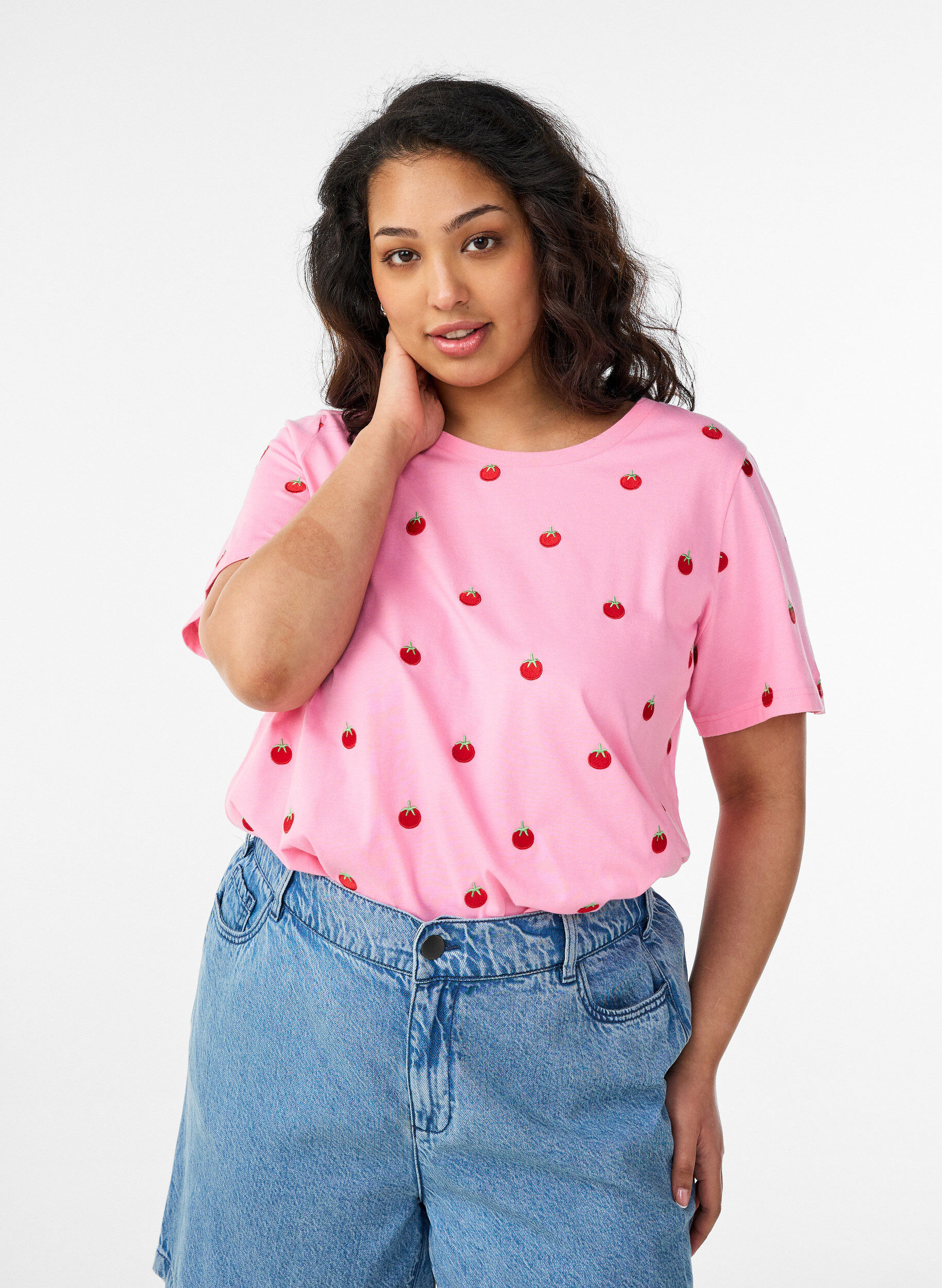 T-skjorte i &oslash;kologisk bomull med broderte motiv, Rosa, Model