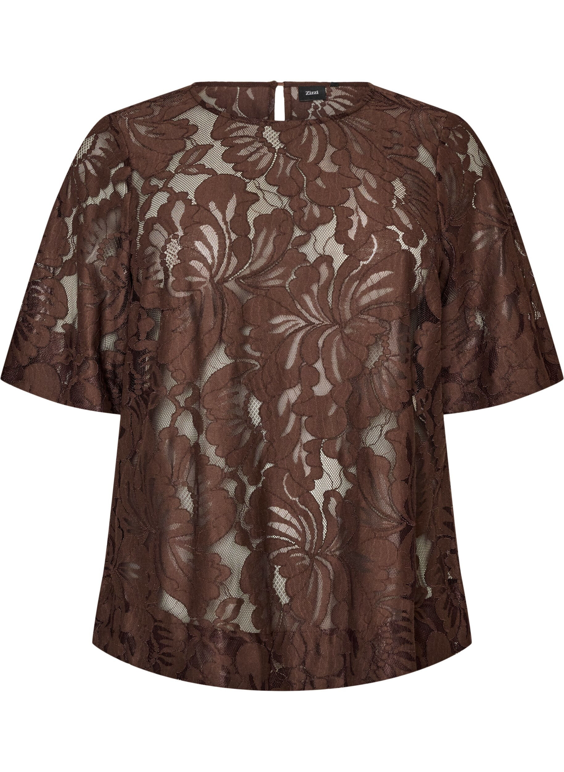 ZizziBluse med blonder og korte ermer, Brun, Packshot image number 0