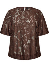 Bluse med blonder og korte ermer, Brun