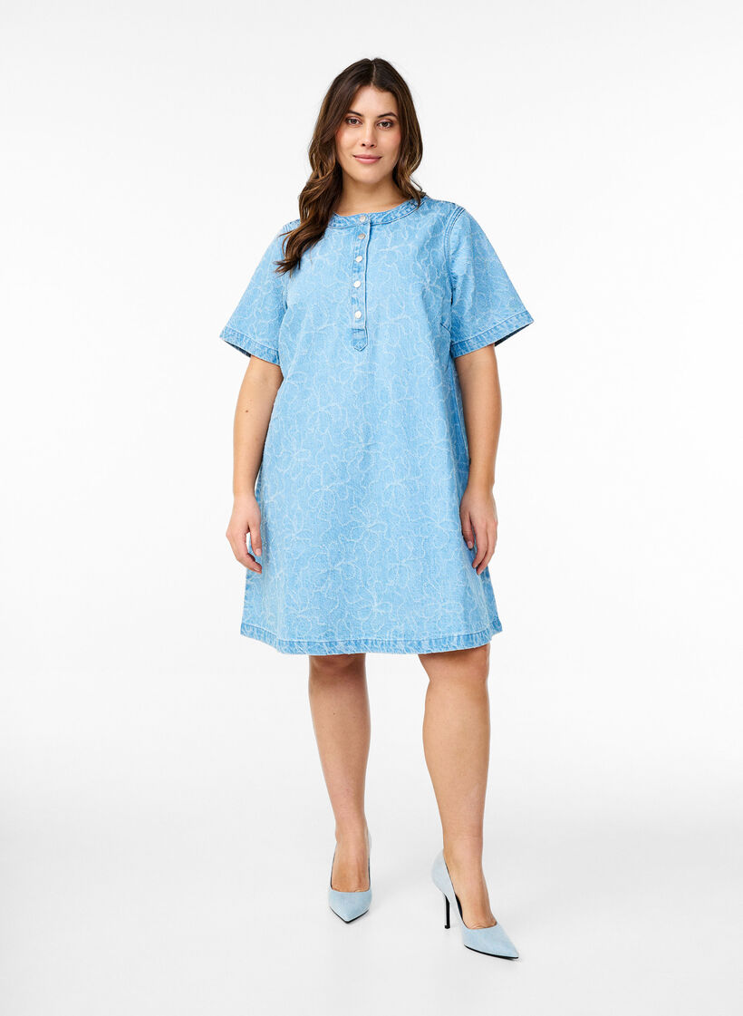 Kort denimkjole med A-linje-snitt og blomster mønster, Blå, Model image number 1