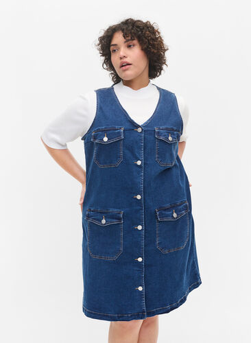 Denim spencerkjole med knapper, Dark blue denim, Model image number 0