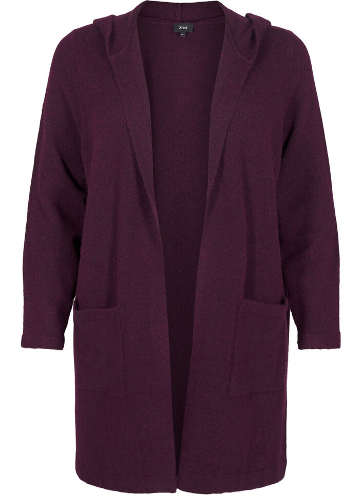 Lang strikket cardigan med ull og hette, Potent Purple Mel., Packshot image number 0