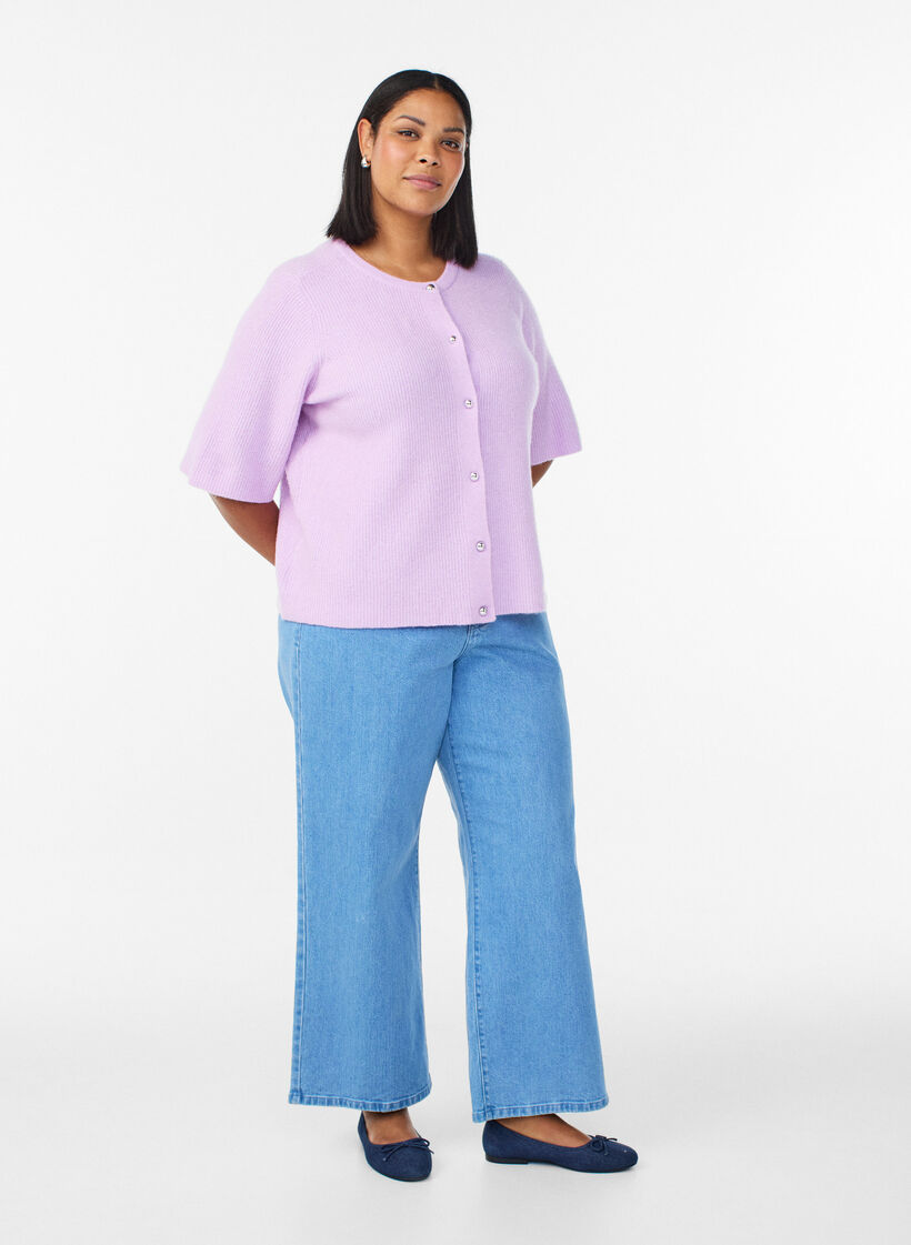 Kortermet strikket cardigan med skinnende kuleknapper, Lilla, Model image number 1