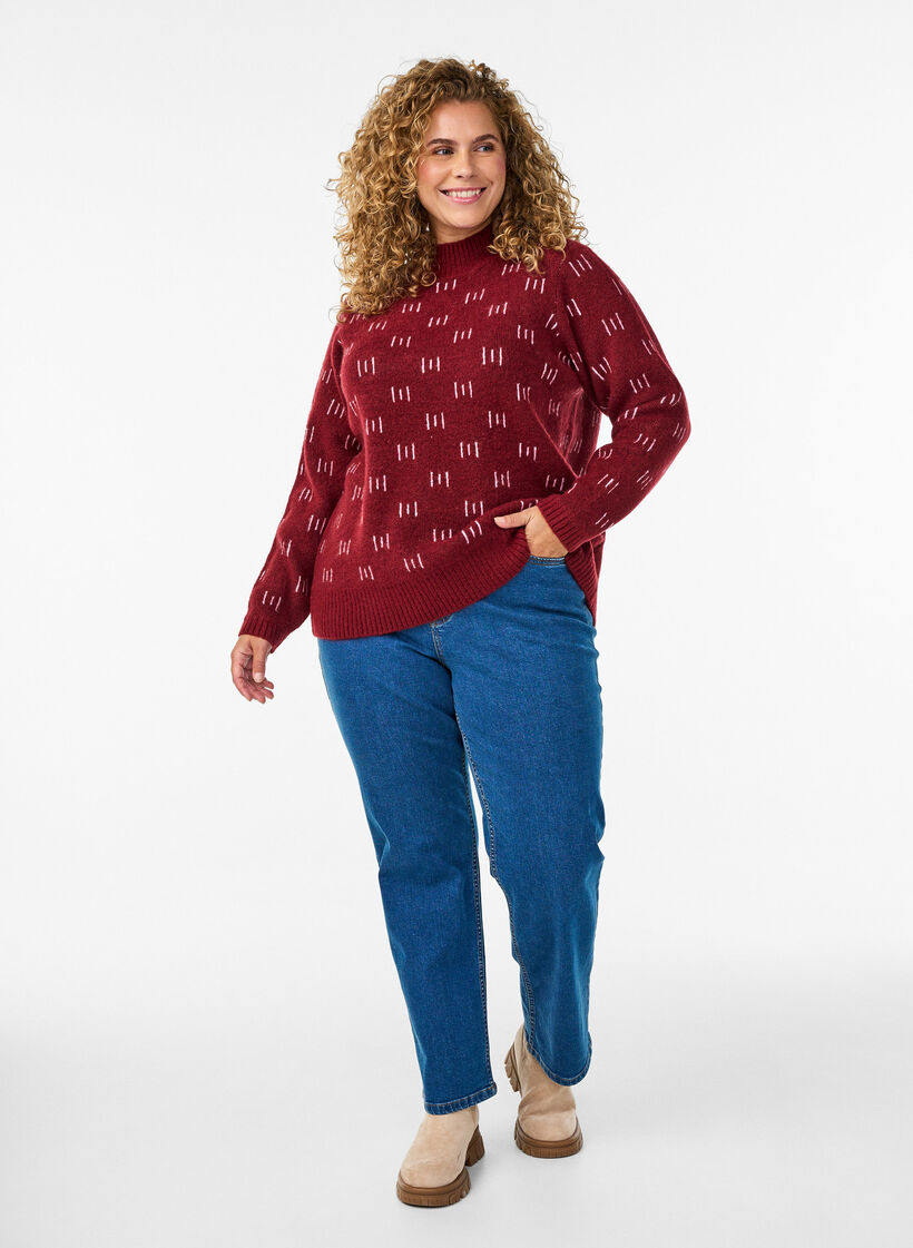 Mønstret strikket topp med høy hals, Mørk Bordeaux, Model image number 1
