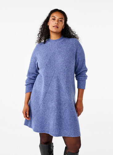 Zizzi Kort ribbestrikket kjole med rund hals, Grey Blue Mel., Model image number 0