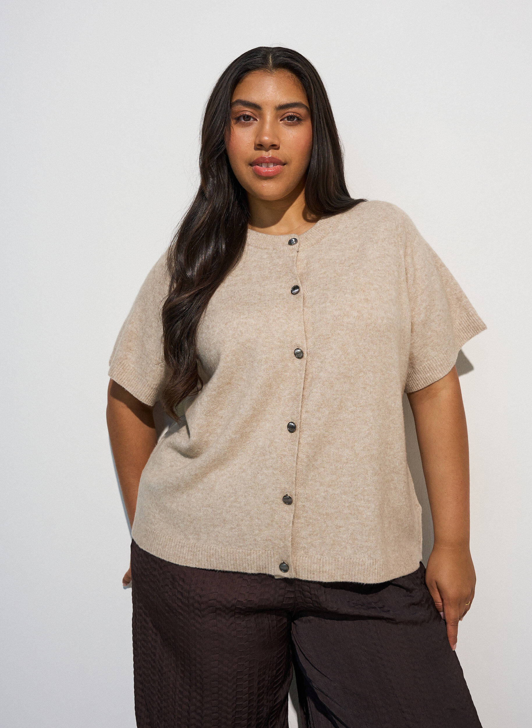Strikket cardigan med korte ermer, Beige, Model