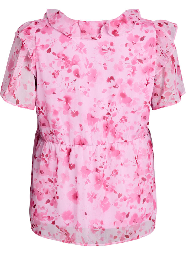 Blomstret bluse med volangkrage og peplumeffekt, Rosa, Packshot image number 1