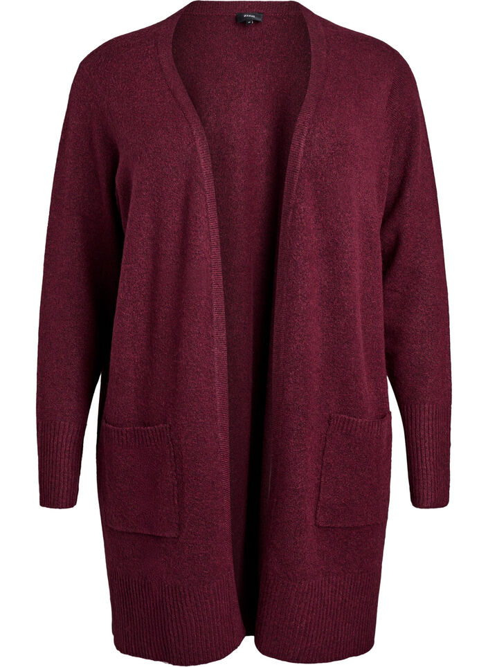 Ribbestrikket cardigan med lommer, Mørk Bordeaux, Packshot image number 0
