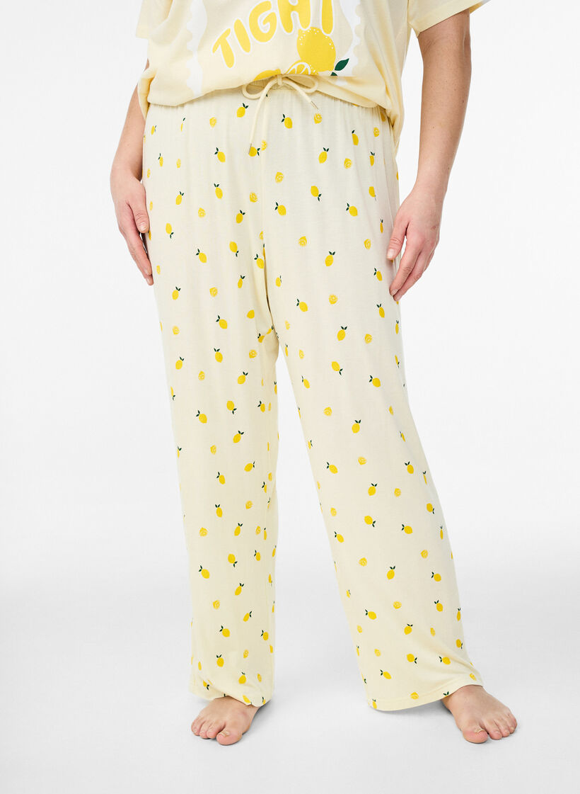 Pyjamasbukse i mykt jerseystoff med h&oslash;y midje og frukttrykk, Gul, Model image number 2