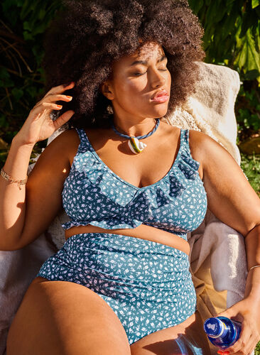 Zizzi Blomstrete bikinioverdel med volangdetaljer, Blå, Image image number 0