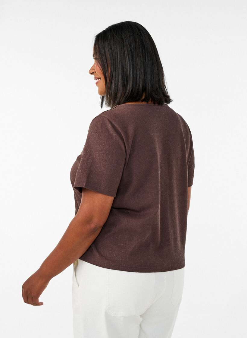 Teksturert bomullsbluse med knappelukking, Brun, Model image number 2