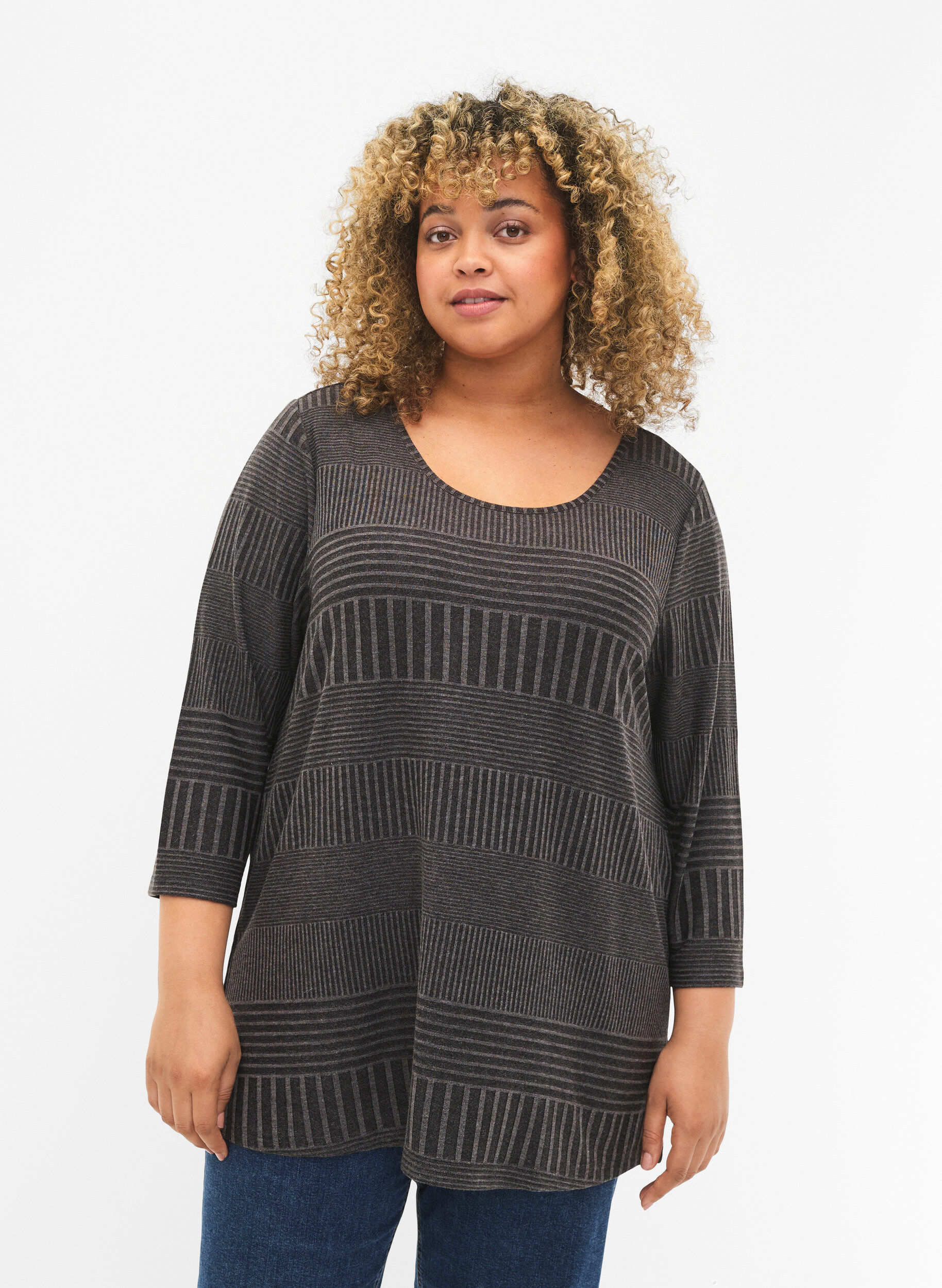 Zizzi Bluse med 3/4-ermer og stripem&oslash;nster, Dark Grey Melange, Model image number 0
