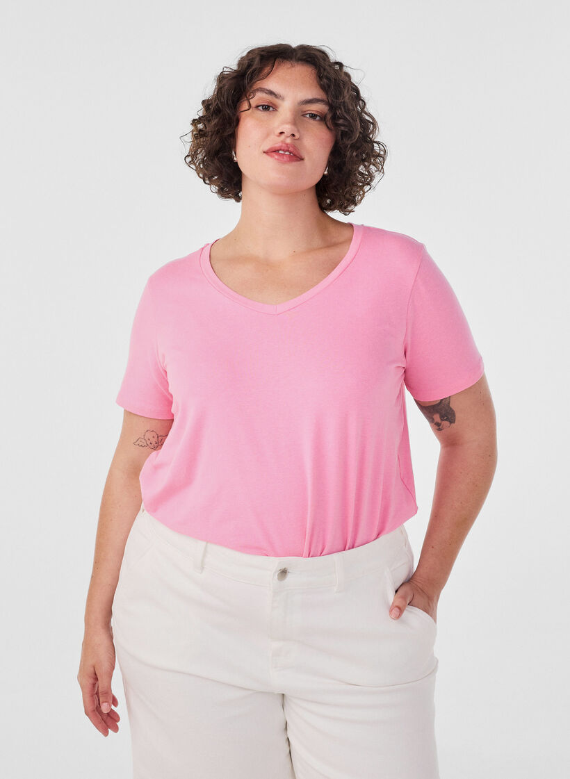 Ensfarget basis T-skjorte i bomull, Rosa, Model image number 0