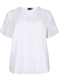 Kortermet bluse i viskose med broderi, Bright White