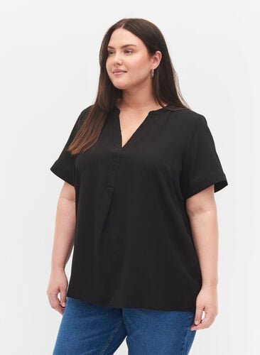Zizzi Kortermet bluse med V-hals, Svart, Model image number 0