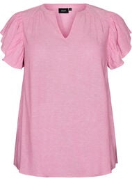 Bluse i viskose og lin med volangermer, Rosa