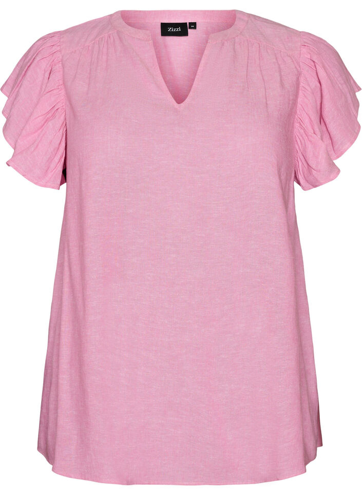 Bluse i viskose og lin med volangermer, Rosa, Packshot image number 0