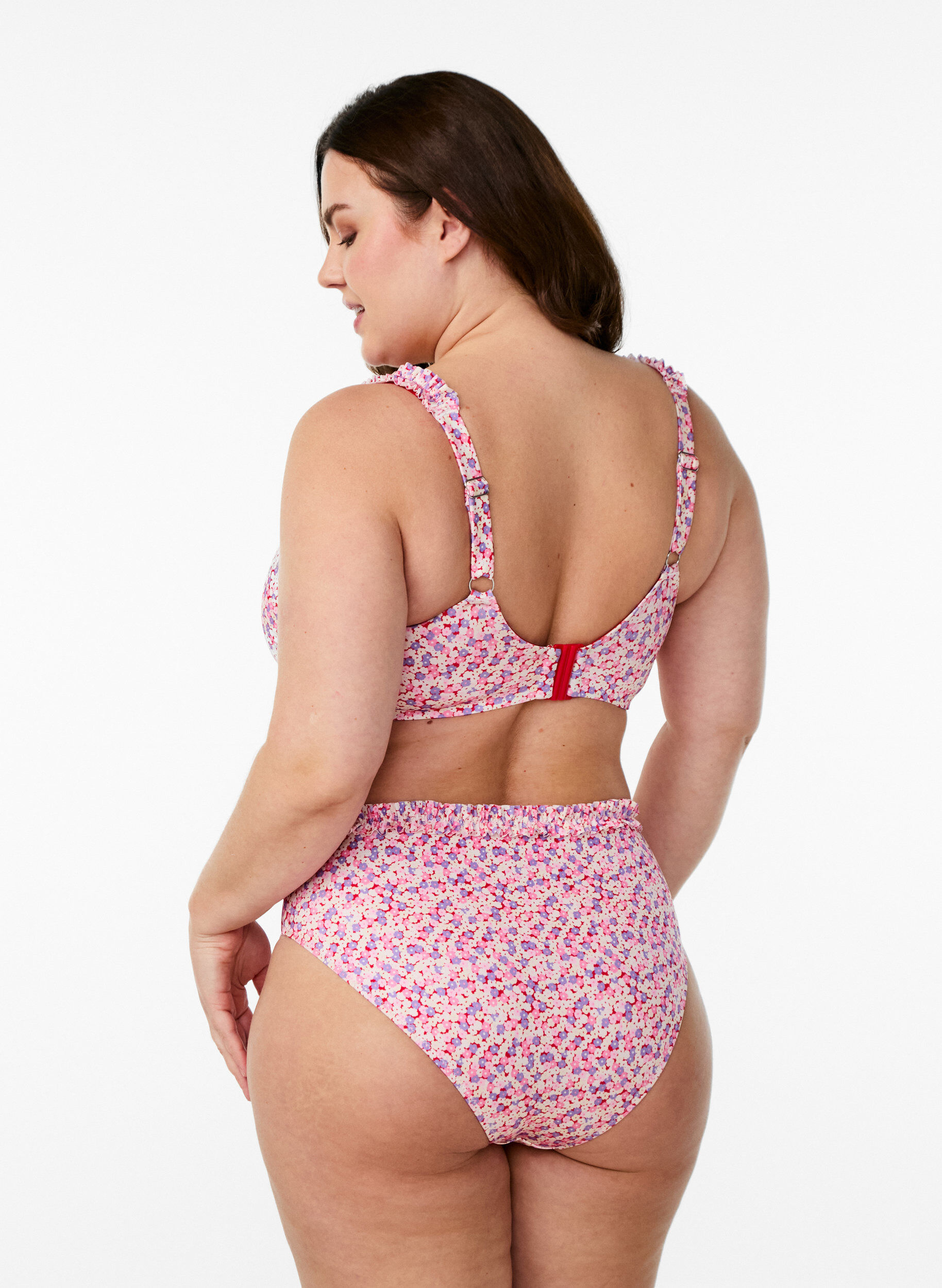 Zizzi Stripete tai-bikinitrusser med rynket kant, Rosa, Model image number 1