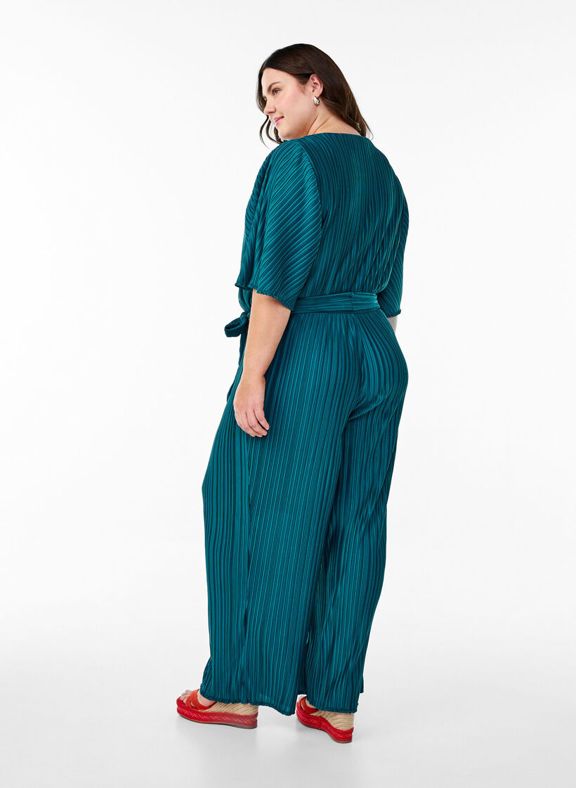 Plissert jumpsuit med knytebelte og vide ermer, Atlantic Deep, Model